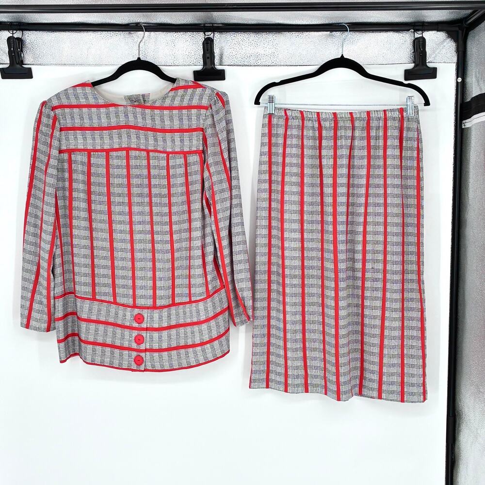 Vintage Black and White with Red Stripe Skirt and Blouse - Size L - Plaid - Bold